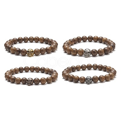 Natural Wenge Wood & Alloy Skull Beaded Stretch Bracelet for Women BJEW-JB09146-1