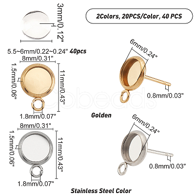 40Pcs 2 Color Ion Plating(IP) 304 Stainless Steel Stud Earring Settings STAS-GA0001-25-1