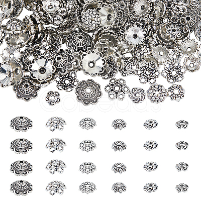 240pcs 6 styles Tibetan Style Zinc Alloy Flower Bead Caps FIND-DC0003-92-1