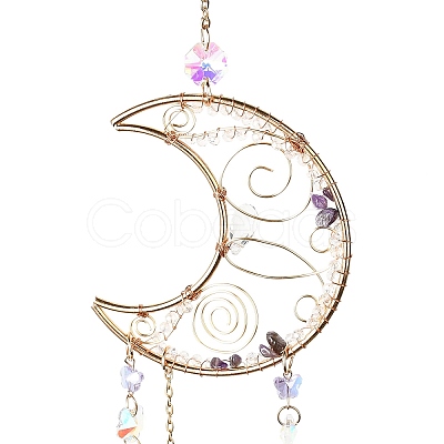 Natural Amethyst & Quartz Crystal Chips Beaded Moon Hanging Sun Catchers HJEW-M004-15-1