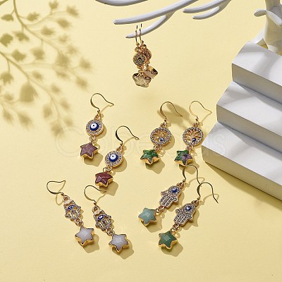 Natural Gemstone Star with Evil Eye Dangle Earrings EJEW-JE05069-1