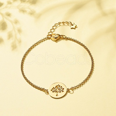 201 Stainless Steel Tree of Life Link Bracelet with 304 Stainless Steel Box Chains for Women BJEW-JB08281-01-1