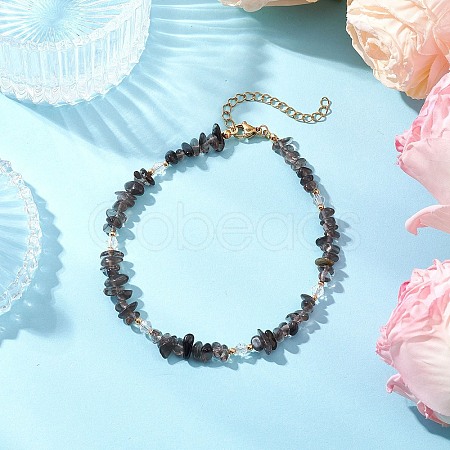 Natural Obsidian Chip & Glass Beaded Anklets AJEW-AN00682-07-1