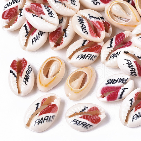 Printed Natural Cowrie Shell Beads SSHEL-R047-01-G01-1