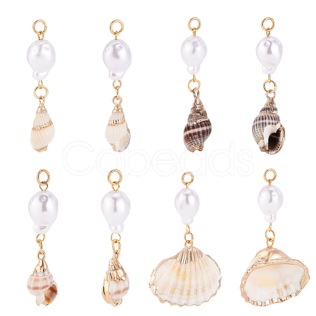 8Pcs 4 Styles Natural Spiral Shell Pendants and ABS Plastic Imitation Pearl Beads PALLOY-PH01748-1