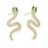 Snake Brass Pave Clear & Green Cubic Zirconia Stud Earrings for Women EJEW-L285-002G-1