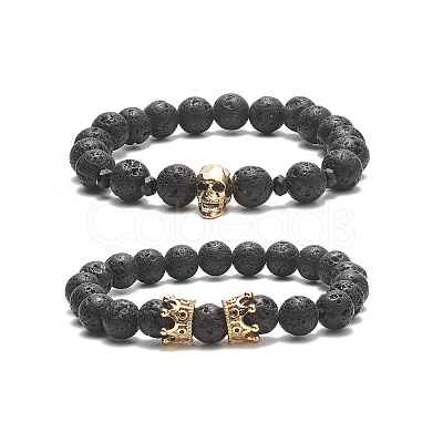 2Pcs 2 Style Natural Lava Rock & Brass Beaded Stretch Bracelets Set BJEW-JB09244-04-1
