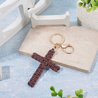 Cotton Cord Cross Keychains AJEW-TAC0031-03B-1