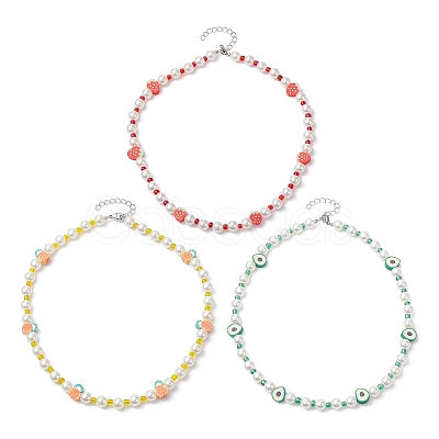 3Pcs 3 Style Fruit Polymer Clay & Glass Seed & Acrylic Pearl Beaded Necklaces Set NJEW-JN04582-1