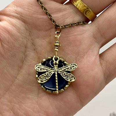 Bohemian Flat Round with Dragonfly Pattern Alloy Dark Cyan Glass Pendant Necklaces for Women FS-WG33723-01-1