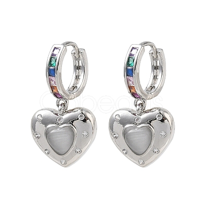 Brass Micro Pave Cubic Zirconia and Cat Eye Beads Heart Hoop Dangle Earrings KK-CBAD9DF-01P-D-1