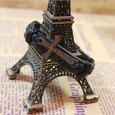 Adjustable Cross with Word Iron Braided Leather Cord Bracelets BJEW-P0001-02B-1