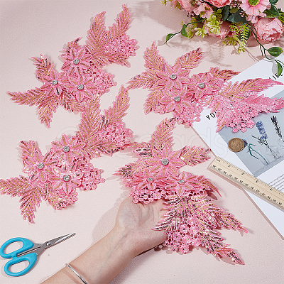 4Pcs Flower & Leaf Polyester and Plastic Applqiues PATC-CY0001-49B-1