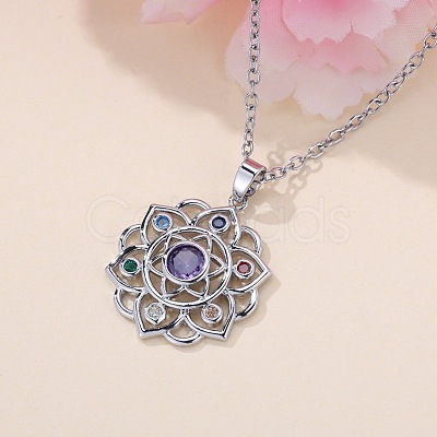 Chakra Lotus Flower Brass Pave Colorful Cubic Zirconia Pendant Necklaces for Women FS-WG17A97-01-1