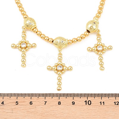 Brass Micro Pave Clear Cubic Zirconia Cross Pendant Round Beaded Bib Necklaces for Women NJEW-F364-04G-1