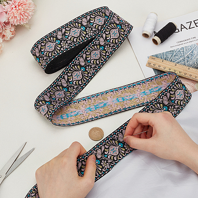 10 Yards Ethnic Style Polyester Jacquard Flower Ribbon OCOR-WH0078-185B-1