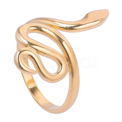 201 Stainless Steel Snake Wrap Open Cuff Ring for Women FIND-PW0004-63G-1