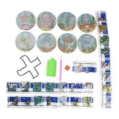 DIY Marine Animal Theme Diamond Painting Round Wood Cup Mat Kits LS-DIY-H163-06-1