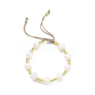 Adjustable Natural Pearl & Brass Braided Beaded Bracelet for Women BJEW-O187-01-1