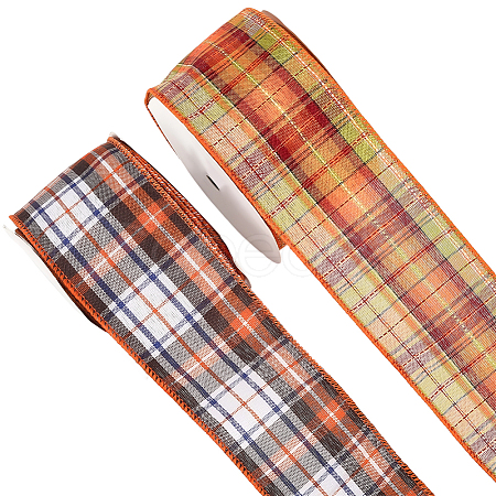 2 Rolls 2 Colors Tartan Pattern Polyester Ribbon OCOR-GF0005-36-1