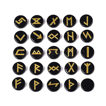 Brass Elder Futhark Alphabet Engraved Symbol Flat Round Natural Obsidian Rune Stones G-I373-01H-1