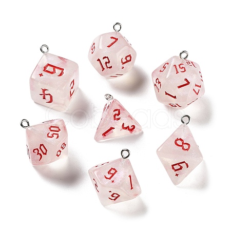 7 Styles Transparent Resin Polyhedral Dice Pendants Set RESI-A029-01L-1