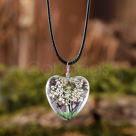 Heart Glass with Dried Flower Tree Inner Pendant Black Waxed Cord Necklaces FS-WG87A6D-06-1