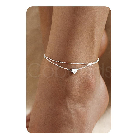 201 Stainless Steel Heart with Initial Charm Double Layer Anklets for Women FS-WG0EC0A-15-1