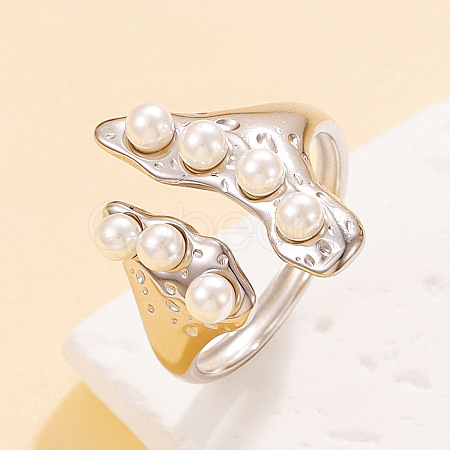 304 Stainless Steel Imitation Pearl Cuff Open Rings for Women WGC51AB-01-1