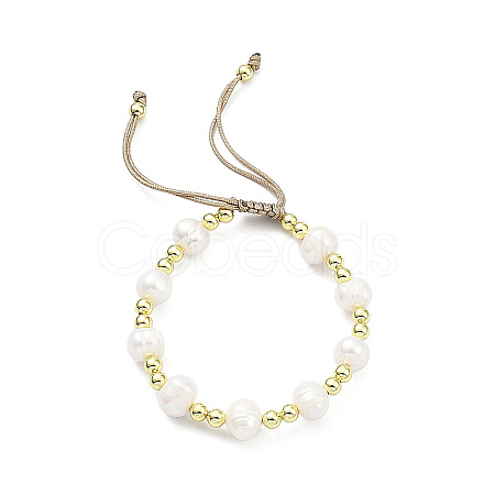 Adjustable Natural Pearl & Brass Braided Beaded Bracelet for Women BJEW-O187-01-1