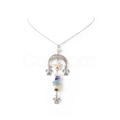 Natural & Synthetic Mixed Gemstone Moon Phase with Starfish Tortoise Pendant Necklace NJEW-JN04247-1