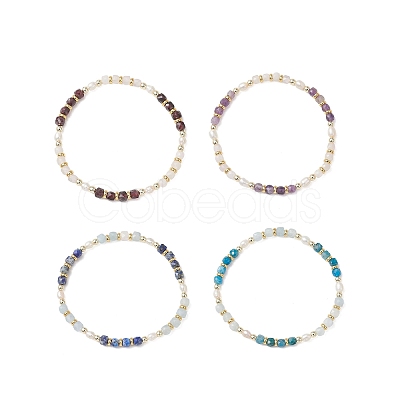 Natural Gemstone & Cultured Freshwater Pearl Cube & Rice Beaded Stretch Bracelets for Women BJEW-JB13390-1