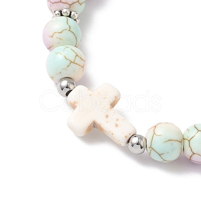 Baking Paint Synthetic Turquoise Round & Cross Beads Stretch Bracelets for Men Women BJEW-JB12339-02-1