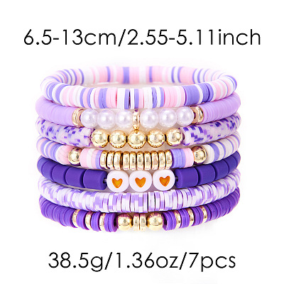 7Pcs Heart Pattern Polymer Clay & Plastic Pearl & CCB Plastic Beaded Stretch Bracelet Set for Women FS-WG634BB-01-1