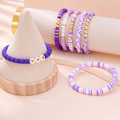 7Pcs Heart Pattern Polymer Clay & Plastic Pearl & CCB Plastic Beaded Stretch Bracelet Set for Women FS-WG634BB-01-1
