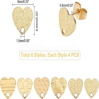 24Pcs 6 Style Heart Shape PVD Vacuum Plating 304 Stainless Steel Stud Earring Findings EJEW-UN0001-64-1