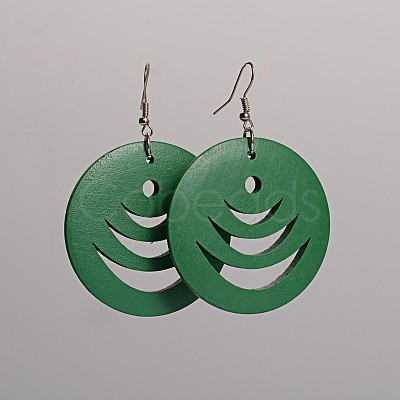 Flat Round Hollow Wood Dangle Earrings EJEW-F0090-03A-1