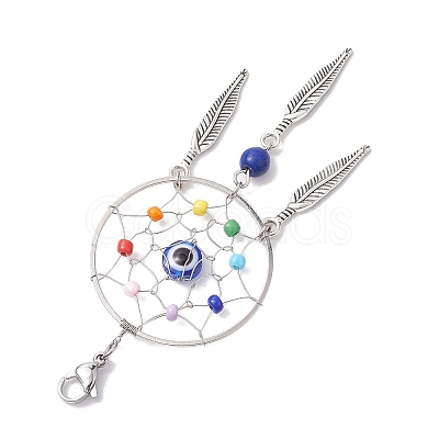 Woven Web/Net with Feather Alloy & Chakra Glass Beads Pendant Decorations HJEW-JM01990-1