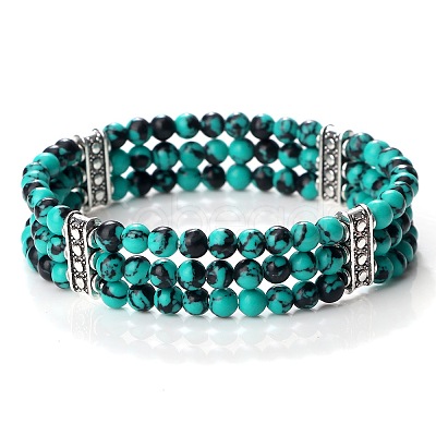 Round Dyed Synthetic Turquoise & Alloy Multi-Strand Beaded Stretch Bracelets for Women Men GQ0306-10-1