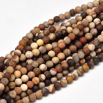 Frosted Natural Petrified Wood Round Bead Strands G-F266-07-8mm-1