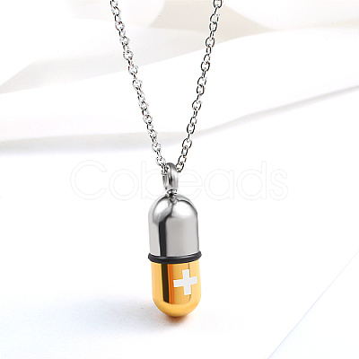 Medical Theme Pill Shape 304 Stainless Steel Pendant Necklaces with Cable Chains JS1441-1-1