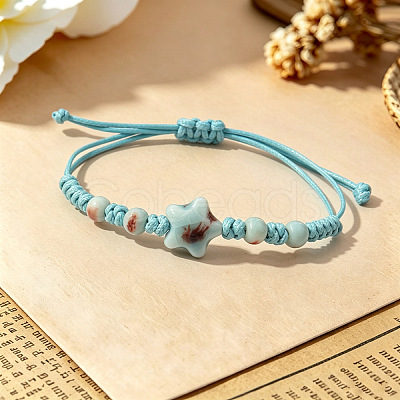 Adjustable Handmade Porcelain Star Polyester Cord Braided Bead Bracelets WG98E8A-03-1