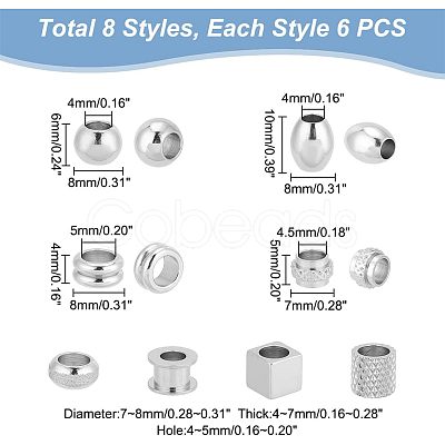 Unicraftale 48Pcs 8 Style 304 & 201 & 303 Stainless Steel European Beads STAS-UN0040-02-1