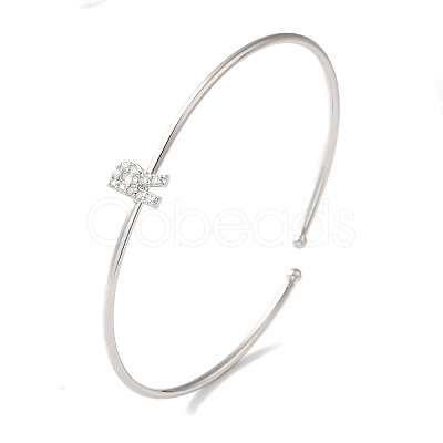 Rack Plating Brass Micro Pave Clear Cubic Zirconia Letter Open Cuff Bangles BJEW-A018-01P-R-1