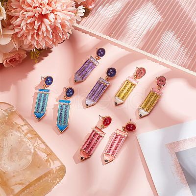 4 Pairs 4 Colors Alloy Enamel Pencil Dangle Stud Earrings for Teachers' Day EJEW-AN0004-86-1