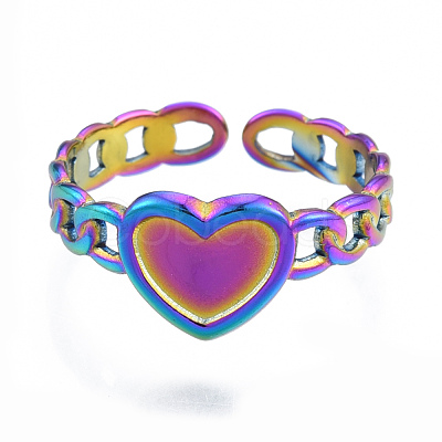 Ion Plating(IP) 304 Stainless Steel Heart with Chain Cuff Rings RJEW-N038-127M-1