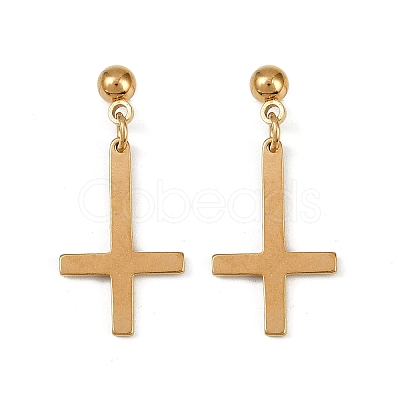 Christian Upside Down Cross 201 Stainless Steel Dangle Stud Earrings LS-EJEW-P314-01A-G-1
