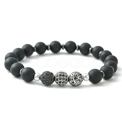 Natural Black Agate & Synthetic Hematite & Cubic Zirconia Round Beaded Stretch Bracelet BJEW-JB09442-1