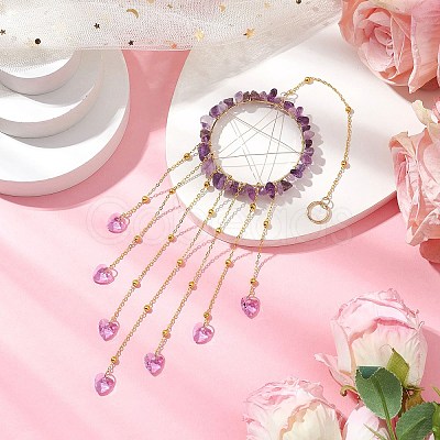 Wire Wrapped Natural Amethyst Chips Ring Hanging Ornaments HJEW-JM02371-06-1