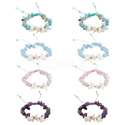 8Pcs 4 Styles Natural Gemstone Chip Braided Bead Bracelets BJEW-MA00001-1